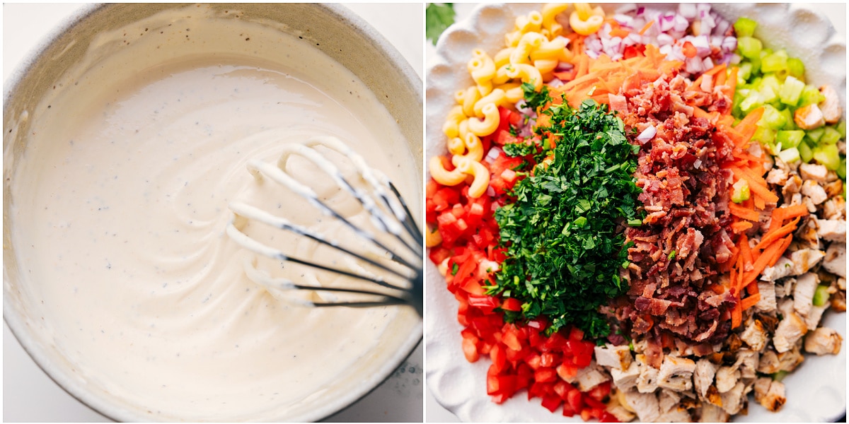 How To Make Chicken Macaroni Salad The dressing whisked together in a bowl and the salad ingredients all added in a bowl ready to be tossed together.