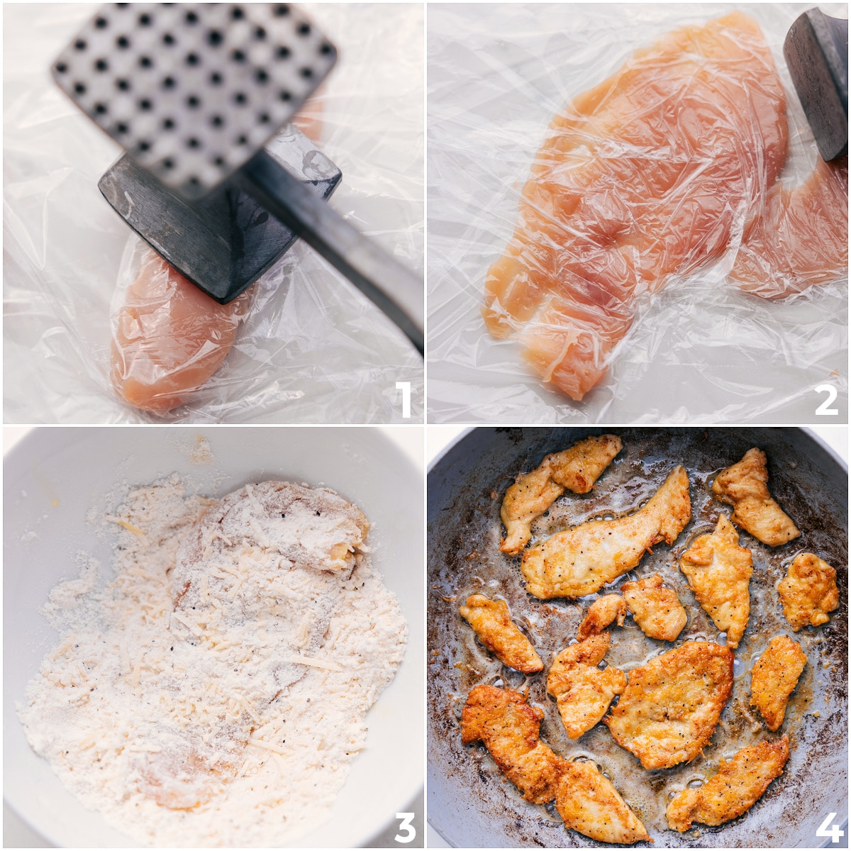 How To Prep And Cook Chicken For Chicken Scampi Chicken pounded to an even thickness, coated in breading, and fried in a skillet for Chicken Scampi.
