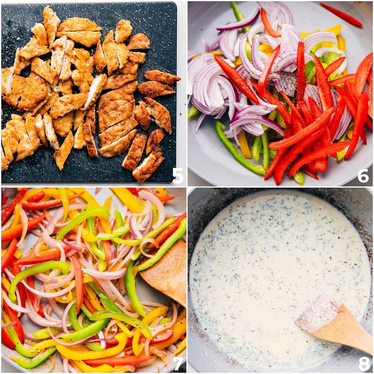 How To Make Chicken Scampi Chicken being diced, veggies sautรฉed, and cream sauce prepared.