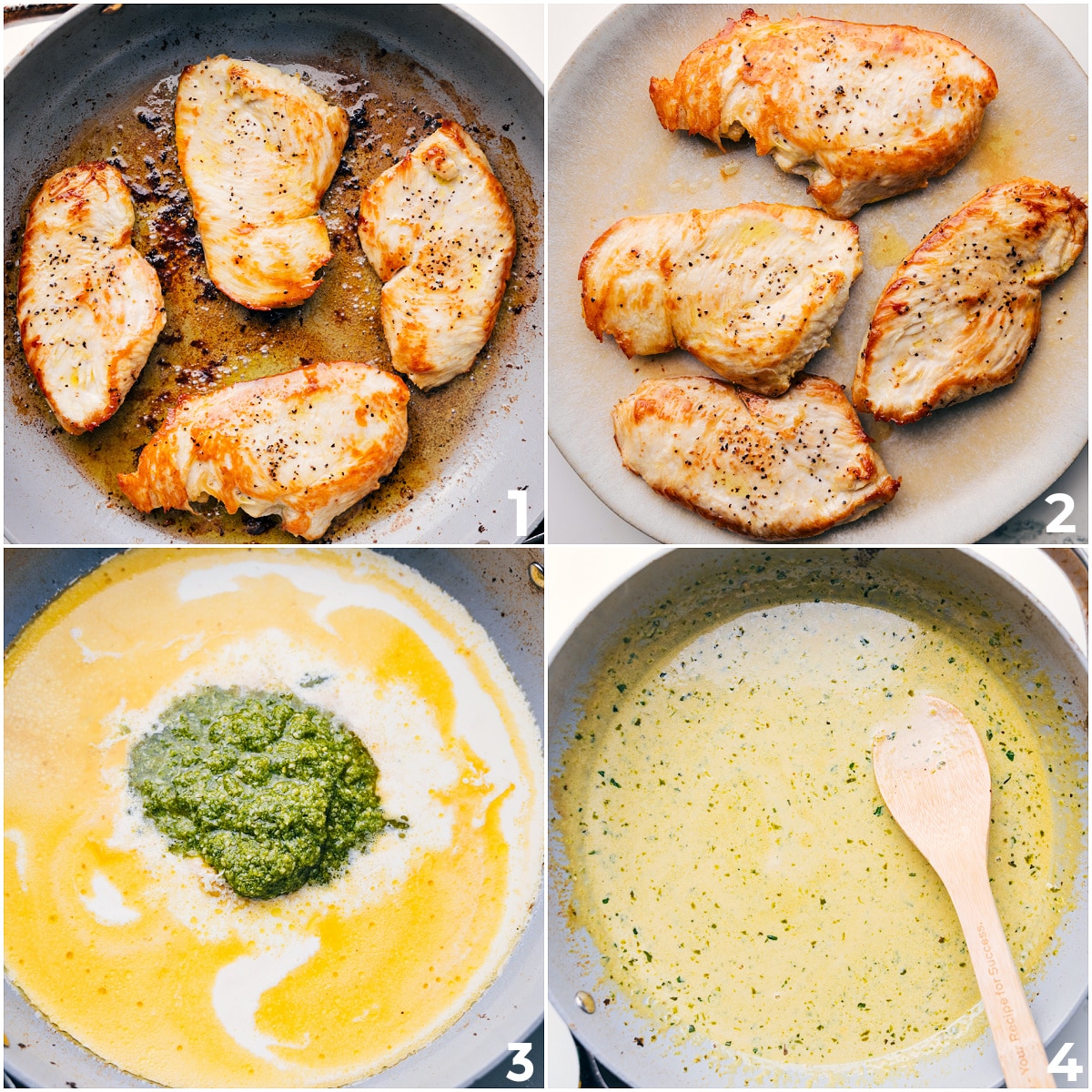 How To Make Creamy Pesto Chicken Chicken cooked to perfection in a skillet, then removed while cream, butter, and pesto are added to create a creamy pesto sauce.