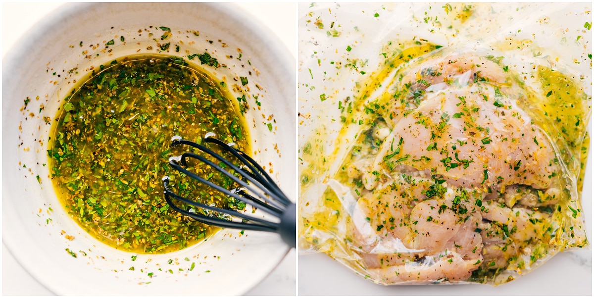 The Easiest And Most Flavorful Greek Chicken Marinade The marinade mixed together in a bowl and added to a bag with the chicken for this Greek chicken marinade.