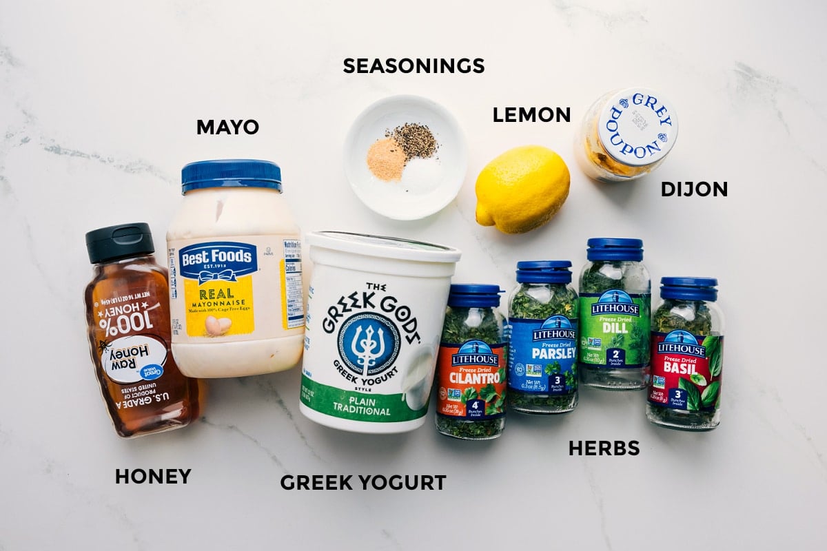 Ingredients In Green Goddess Dressing Green Goddess dressing ingredients, all prepped: mayo, honey, Greek yogurt, lemon, Dijon, herbs, and seasonings.