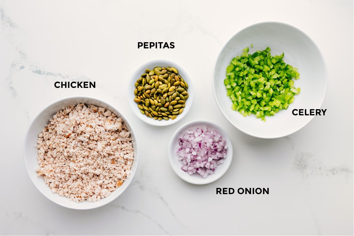 Ingredients In Green Goddess Chicken Salad Chicken, pepitas, celery, and red onion all prepped and ready to go.