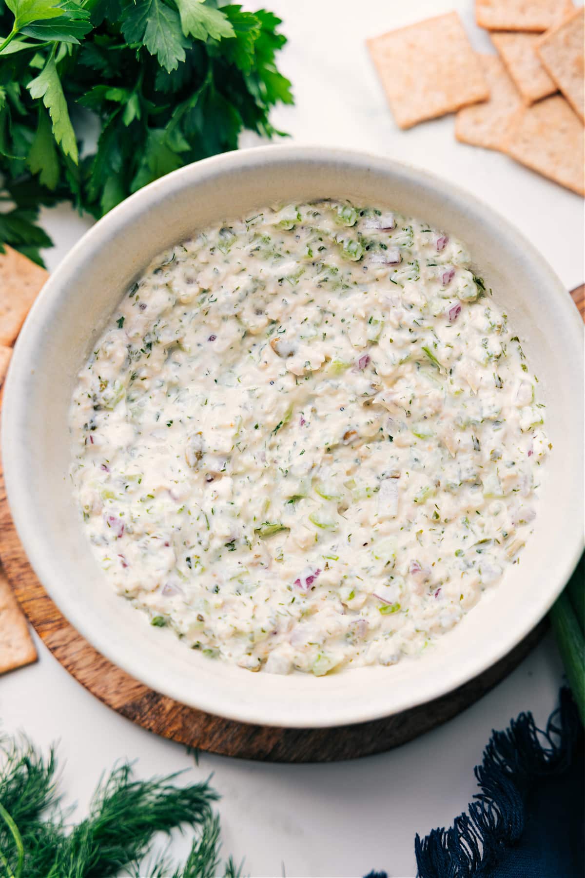 Fresh And Delicious Green Goddess Chicken Salad A bowl of Green Goddess Chicken Salad, prepped and ready to dig into.