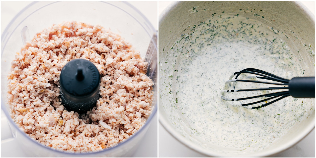 How To Make Green Goddess Chicken Salad Chicken gets pulsed until finely shredded, and the dressing is whisked before combining it all.