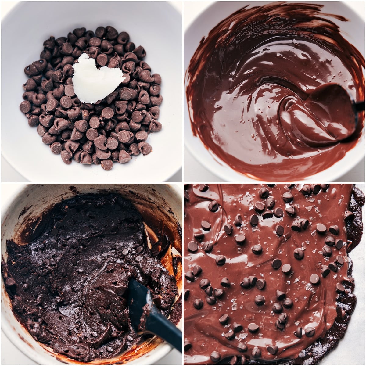 How To Make Healthy Brownie Batter Bark Melted chocolate mixed with ingredients, spread on a sheet pan, and topped with more melted chocolate, chocolate chips, and flaky sea salt for healthy brownie batter bark.