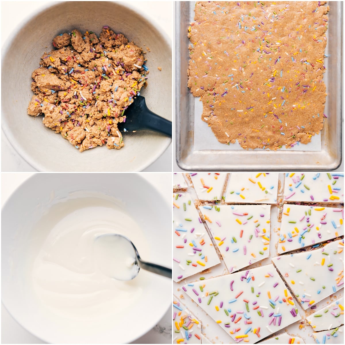 How To Make Healthy Cake Batter Bark The cake batter dough mixed together in a bowl and then spread out of a pan into a thin layer and white chocolate melted and drizzled on top along with sprinkles.