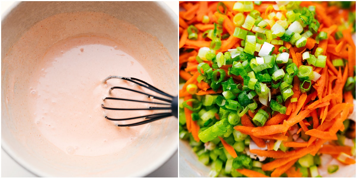 How To Make Hot Honey Chicken Salad The dressing whisked together and the salad mix added to the bowl ready to all be tossed together.