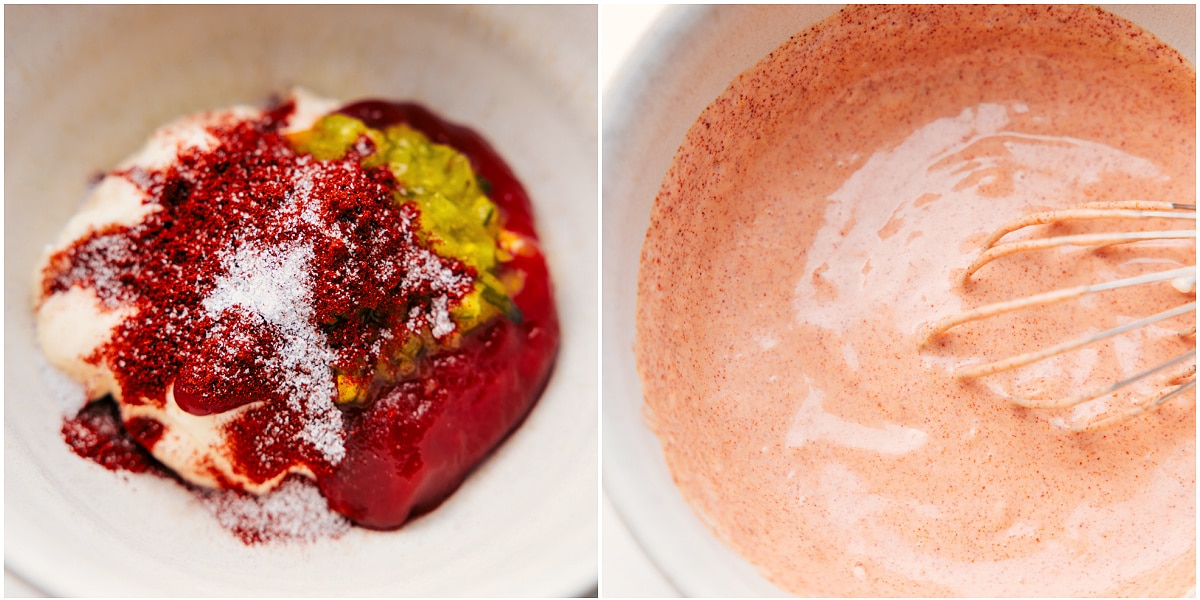 The Best Burger Sauce To Top Smash Burger Tacos The burger sauce being whisked together in a bowl to top this dish.