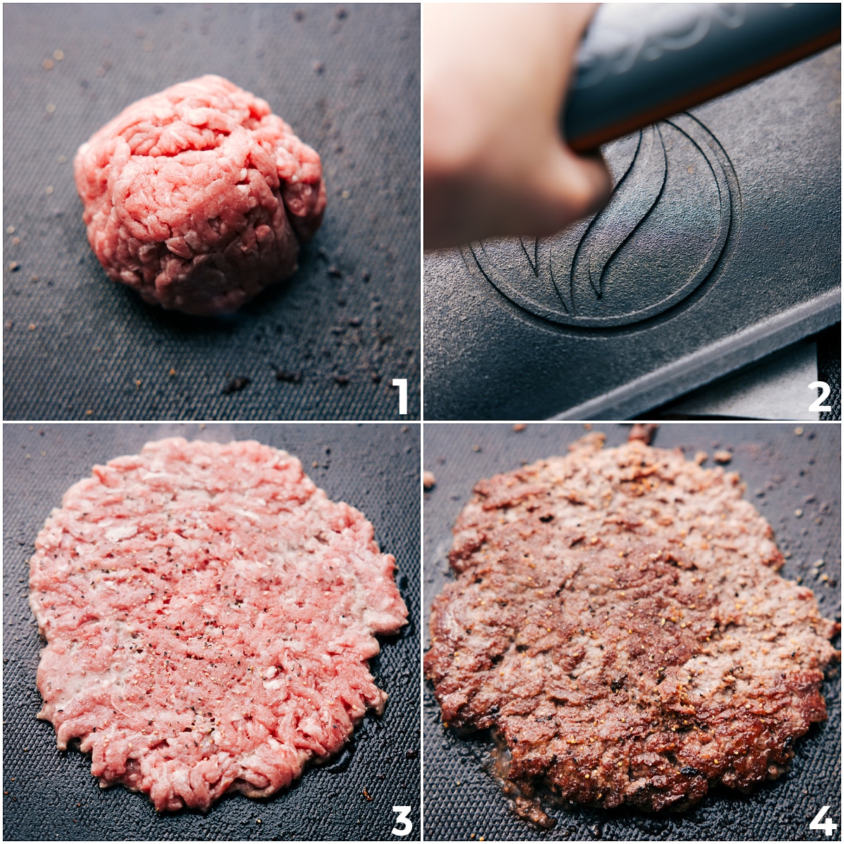 How To Make Smashburgers The beef being rolled into a ball and then smashed into a thin patty on the grill to brown.