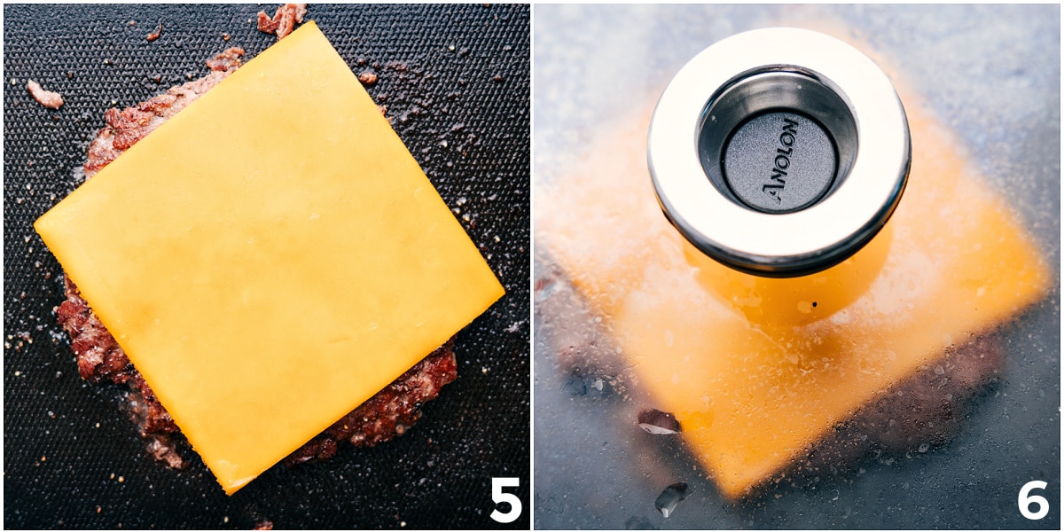 Cheesy And Flavorful Smashburger Recipe The cheese being placed on the smashburger recipe and the cheese melting onto it.