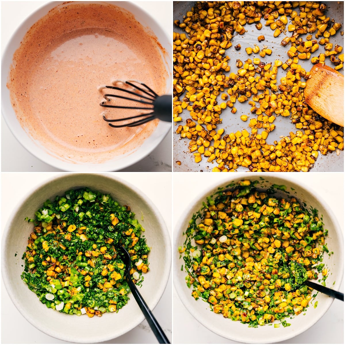 How To Make Street Corn Chicken Rice Bowl The yummy sauce and corn mixture being mixed together in separate bowls.