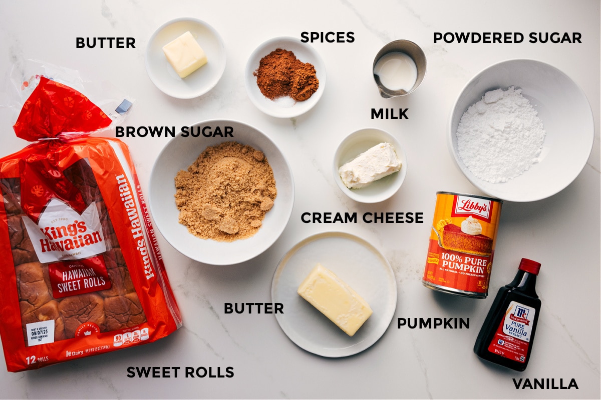 Ingredients In Magic Pumpkin Cinnamon Rolls All the ingredients in this recipe prepped out for easy assembly: rolls, butter, brown sugar, spices, cream cheese, milk, powdered sugar, pumpkin, and vanilla.