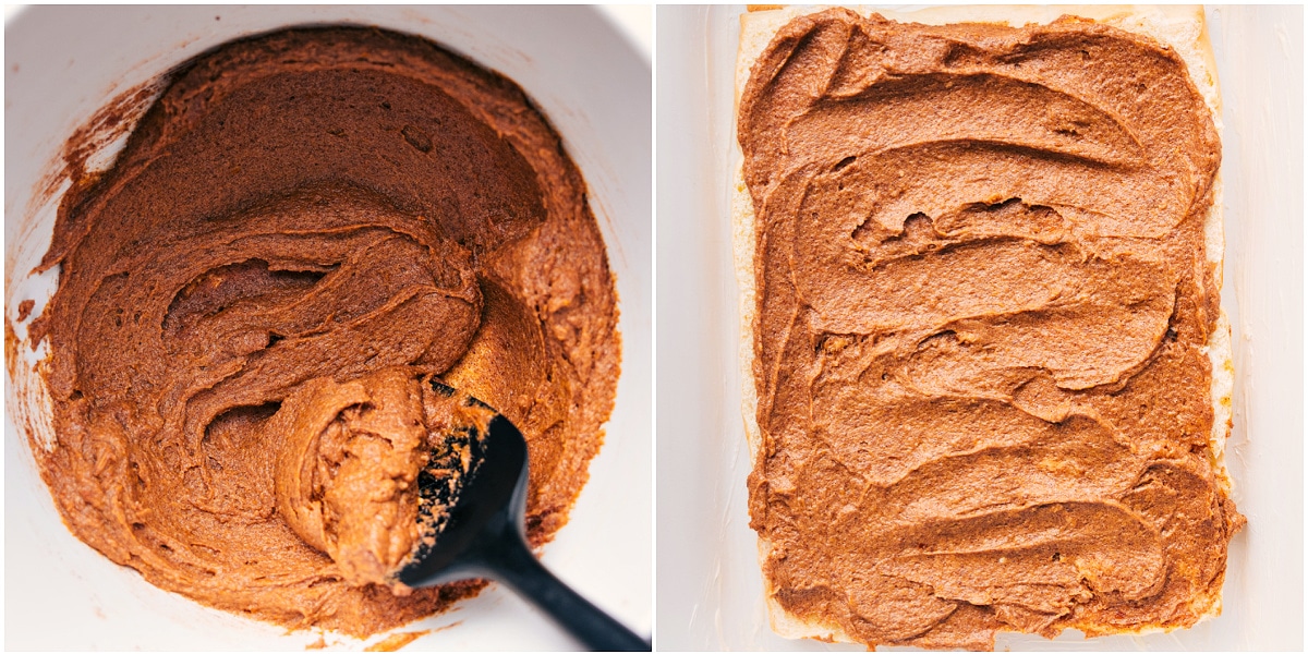 How To Make Magic Pumpkin Cinnamon Rolls The filling mixture whipped together in a bowl and spread inside the rolls for these magic pumpkin cinnamon rolls.