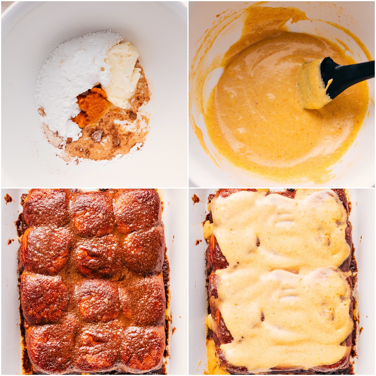 Simple, 30-Minute Magic Pumpkin Cinnamon Rolls The glaze being whisked together and spread on the top rolls fresh out of the oven.