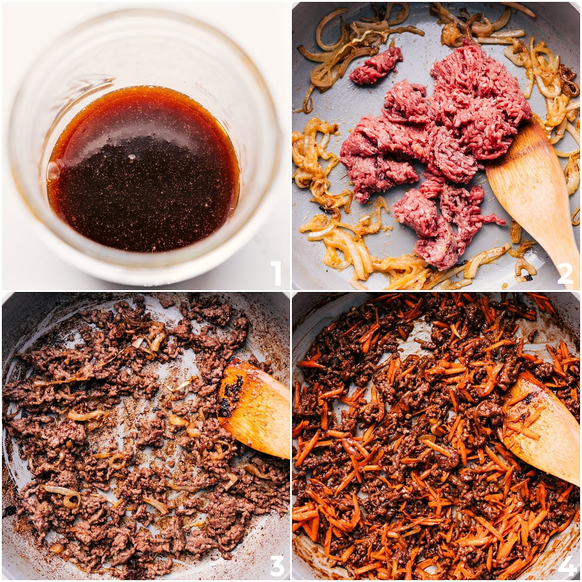 How To Make Beef Noodle Bowls Beef browned with sautรฉed onions in a pan, sauce being added to make beef noodle bowls.