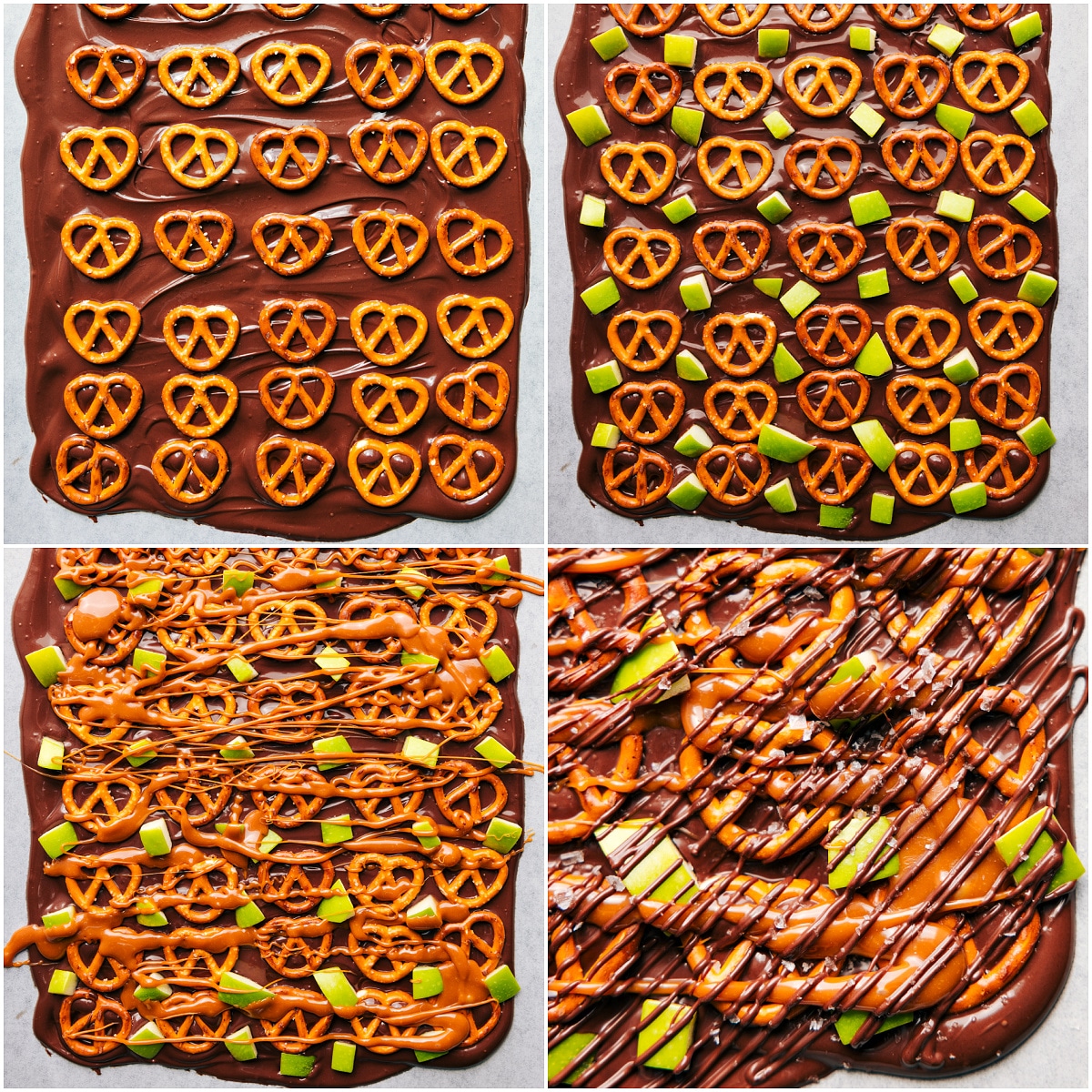 How To Make Caramel Apple Bark Caramel Apple Bark with melted chocolate, pretzels, apples, and caramel drizzle.