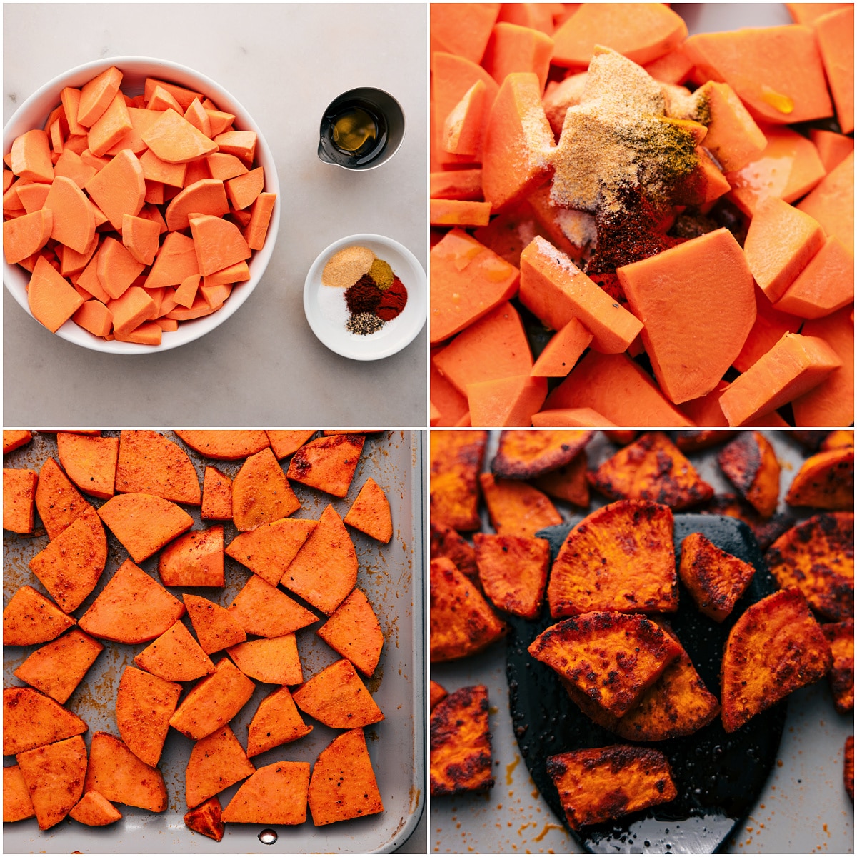 How To Make Roasted Sweet Potato For These Chicken Bowls Chopped sweet potatoes tossed with oil and seasonings, then roasted to perfection.