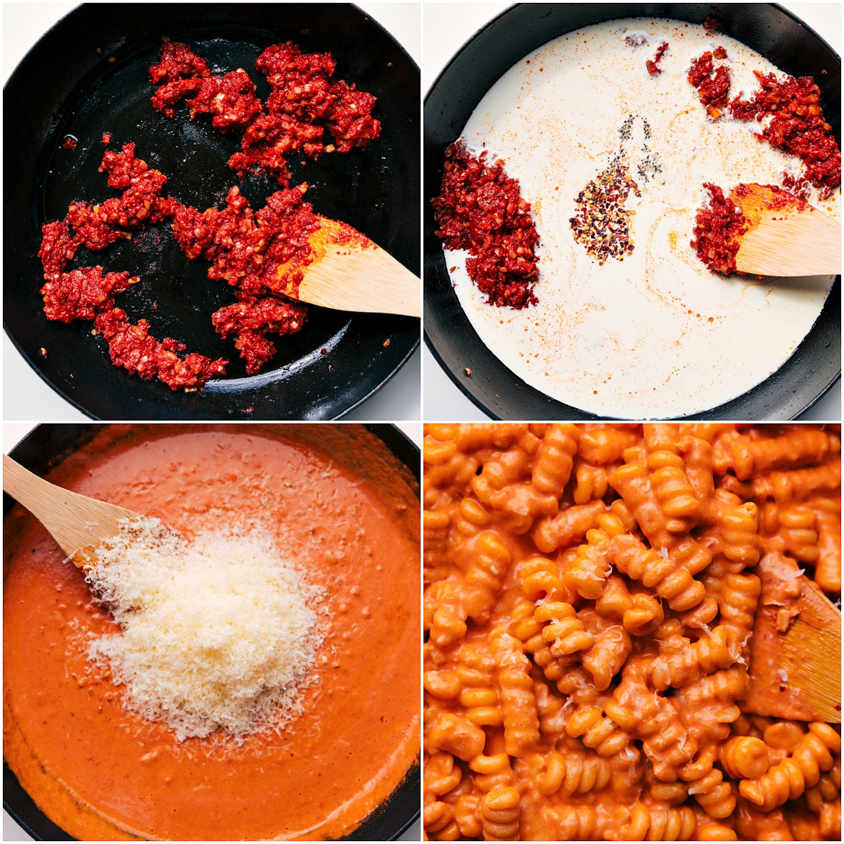 How To Make Creamy Tomato Pasta Recipe Onion sautรฉed in a pot with tomato paste, cream, seasonings, Parmesan, and pasta being added to make this creamy tomato pasta recipe.