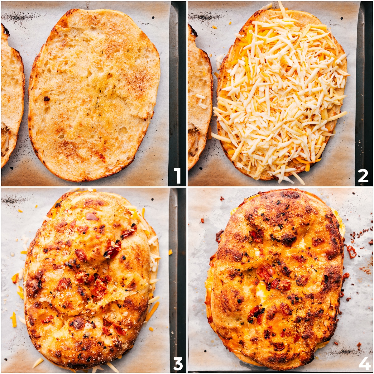 How To Make Focaccia Grilled Cheese Focaccia grilled cheese toasting in the oven with butter, garlic powder, and melted cheese.