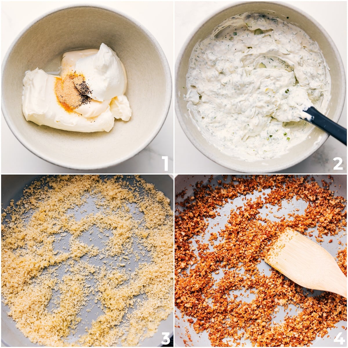 How To Make Fried Pickle Dip Fried Pickle Dip ingredients mixed in a bowl, with the panko topping being browned separately.