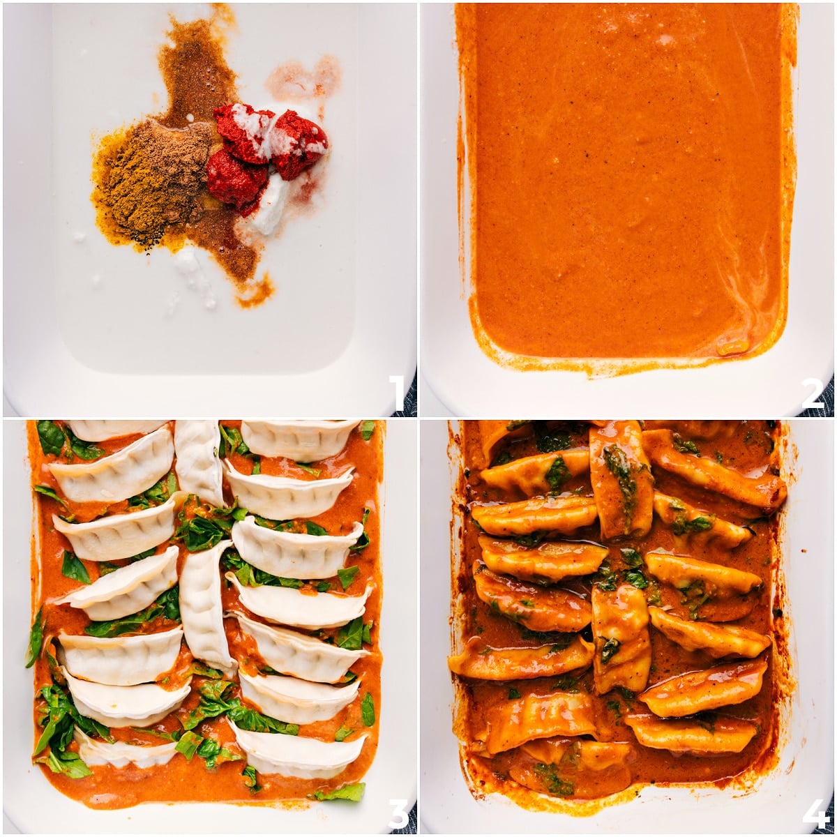 How To Make One Pan Dumpling Dinner All the ingredients mixed together in a pan with dumplings placed on top, ready to bake for a One Pan Dumpling Dinner.