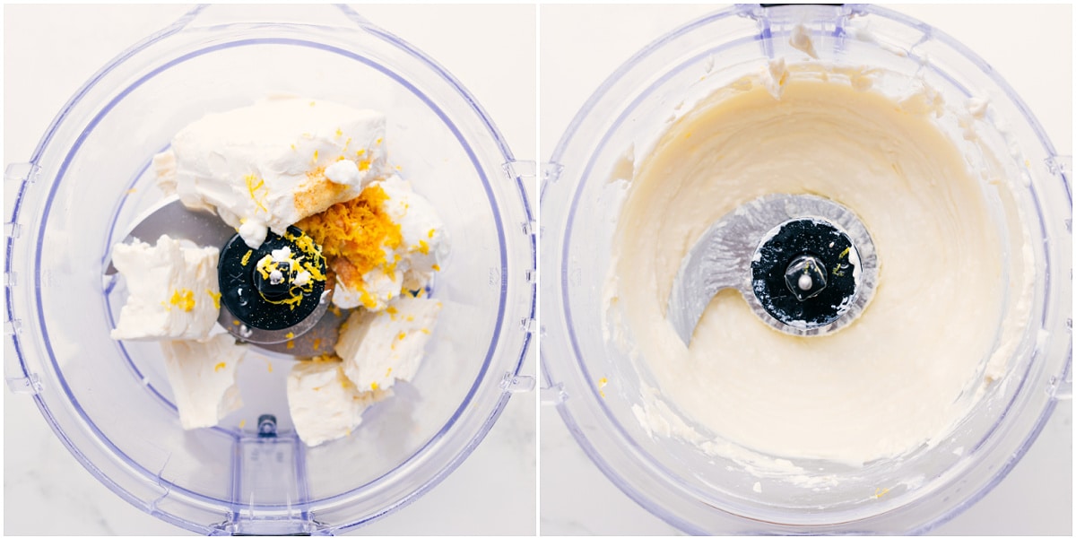 How To Make This Whipped Feta Recipe The whipped feta recipe ingredients added to a food processor and blended to a smooth consistency.