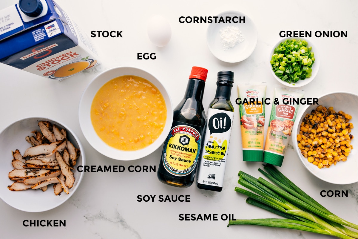 Ingredients In Chicken Corn Soup Recipe All the ingredients in this recipe prepped out for easy assembly including the stock, chicken, creamed corn, soy sauce, sesame oil, cornstarch, sesame oil, garlic, ginger, green onions, and corn.