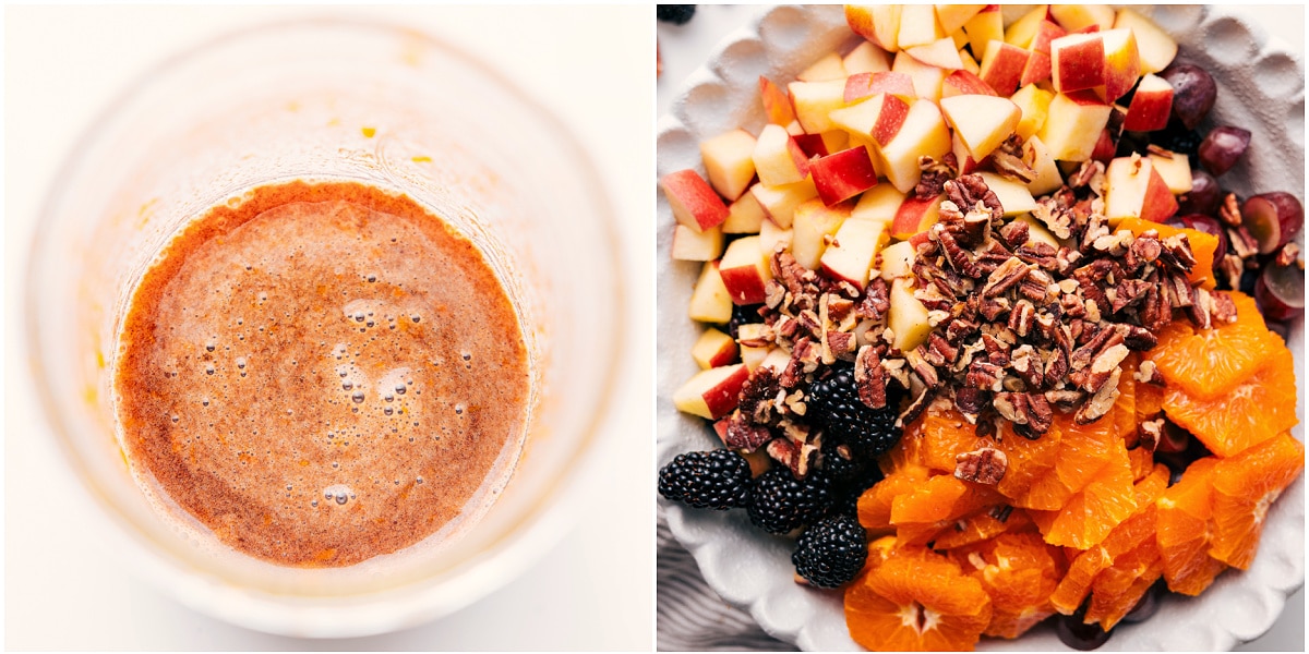 Taste Of Fall Produce In This Fall Fruit Salad Recipe The dressing mixed together in a mason jar and the salad ingredients added to a bowl to mix together for this fall fruit salad.