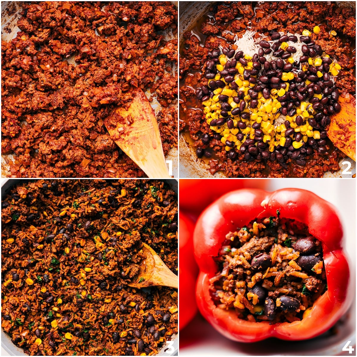 How To Make Mexican Stuffed Peppers Ground beef cooked with seasonings and tomato paste, mixed with rice, beans, and corn, then stuffed into peppers for Mexican stuffed peppers.