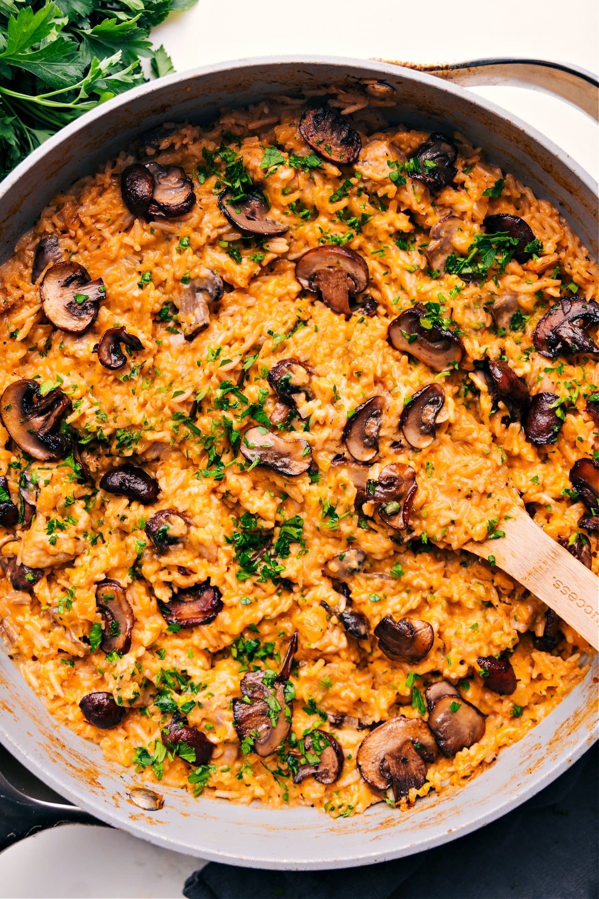 Smothered Chicken And Rice Recipe Smothered Chicken and Rice in a skillet, hot and ready to serve.