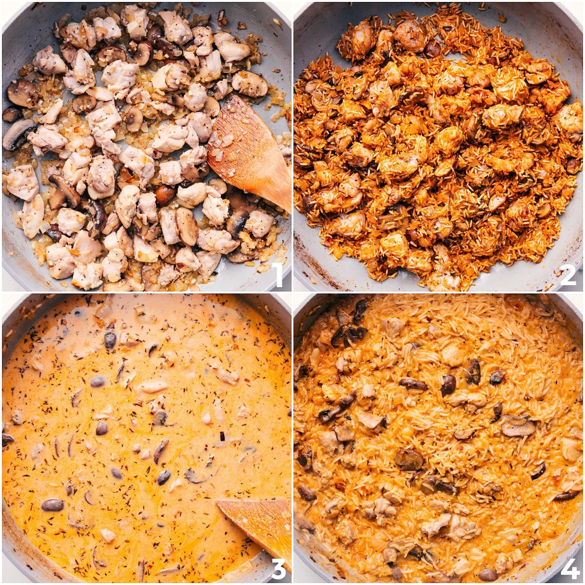 How To Make Smothered Chicken And Rice Chicken cooking with onions and mushrooms in a skillet, with rice and broth added for Smothered Chicken and Rice.