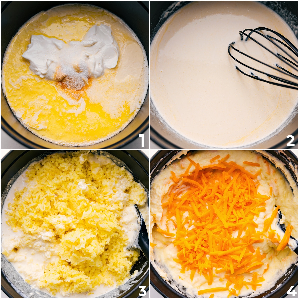 How To Make Cheesy Mashed Potatoes The creamy cheesy mashed potatoes base being whisked together in a pot and then the mashed potatoes being added in along with cheese.