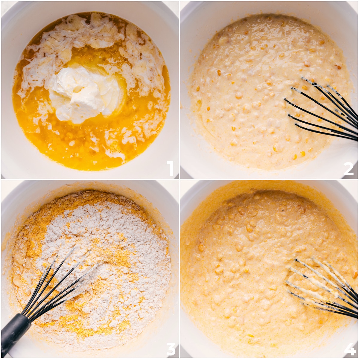 How To Make Corn Pudding Casserole All the ingredients combined in a bowl for this corn pudding casserole and it all whisked together in a bowl to pour into the casserole dish and bake.
