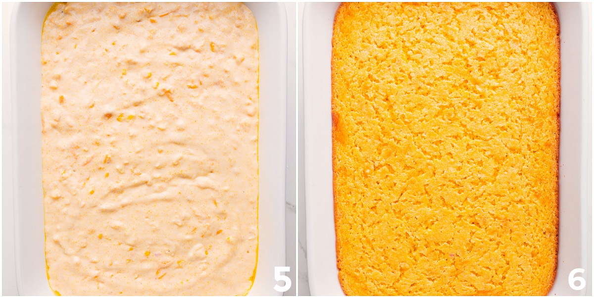 The Best Side Dish Recipe: Corn Pudding Casserole The dish poured into the 9x13 pan and it all being baked.