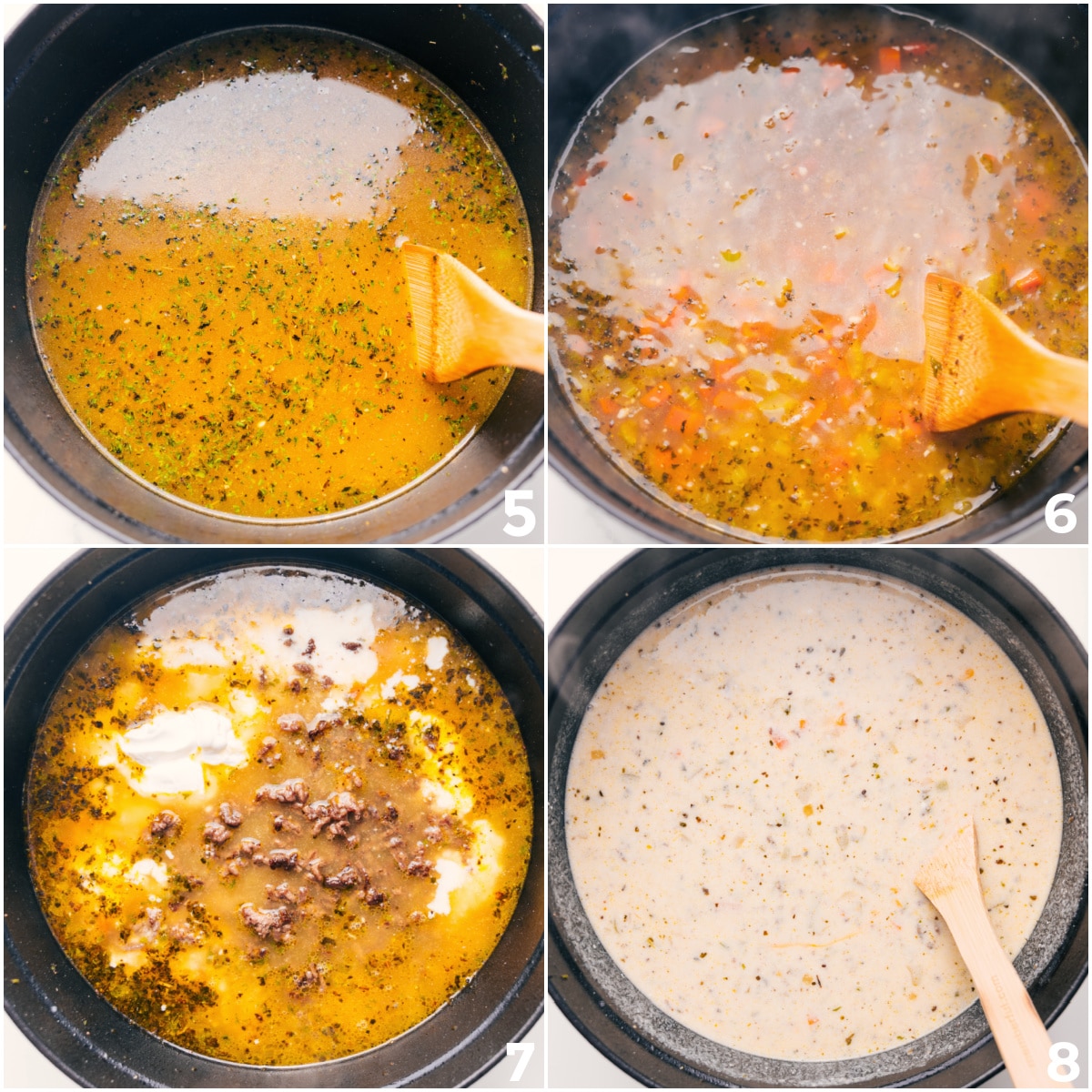 A Weeknight Dinner Everyone Will Love: Cheeseburger Macaroni Soup The broth and pasta added to the pot, followed by the creamy mixture and cooked beef, coming together into a rich and flavorful recipe.