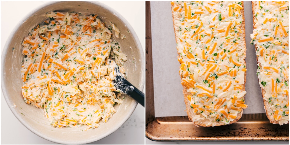 How To Make Cheesy Bread Recipe The creamy cheese mixture being combined in a bowl and spread over French bread before baking for this Cheesy Bread Recipe.