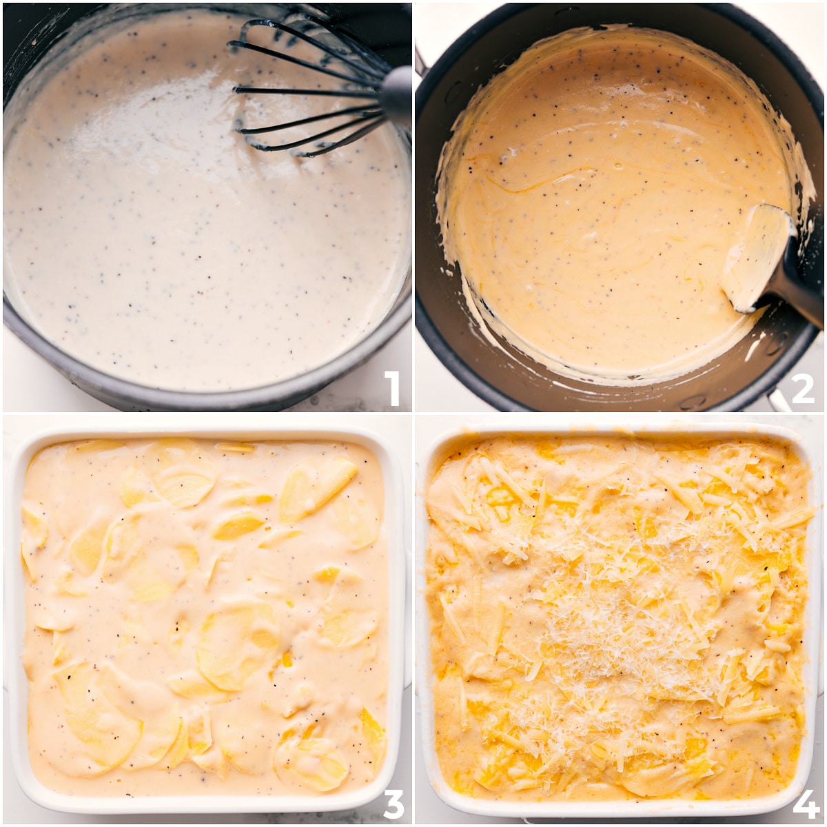 How To Make Cheesy Scalloped Potatoes Creamy cheese sauce being whisked, then mixed with sliced potatoes before baking for cheesy scalloped potatoes.