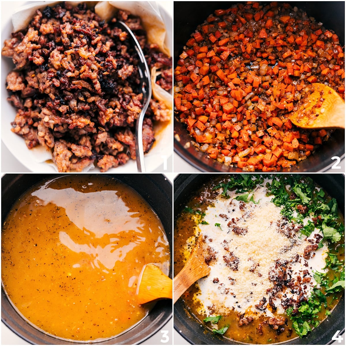 Sausage browned, veggies sautéed, and everything simmering together before cream, kale, Parmesan, and sausage are added for creamy Parmesan Italian sausage soup.