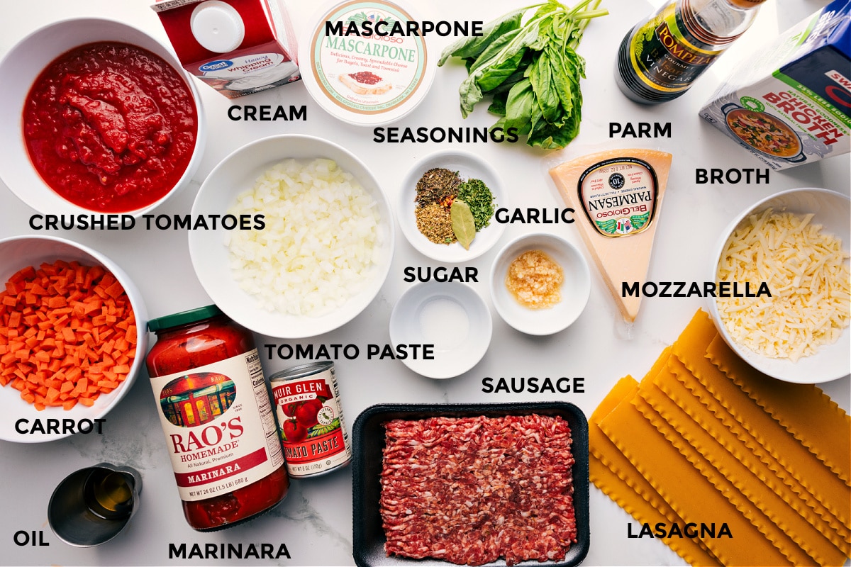 Ingredients In Crockpot Lasagna Soup All the ingredients for this recipe prepped and ready, including tomatoes, veggies, marinara, tomato paste, sausage, seasonings, mascarpone, cream, Parmesan, mozzarella, lasagna noodles, broth, and fresh herbs.