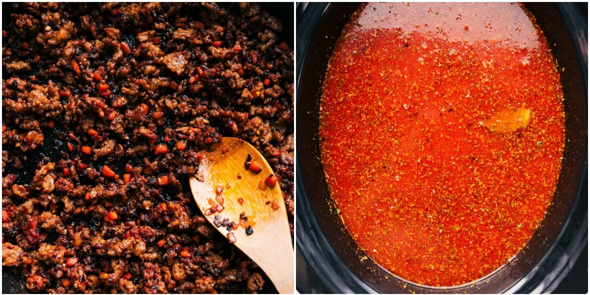 How To Make Crockpot Lasagna Soup Recipe Browned sausage added to the slow cooker with the rest of the ingredients for crockpot lasagna soup.