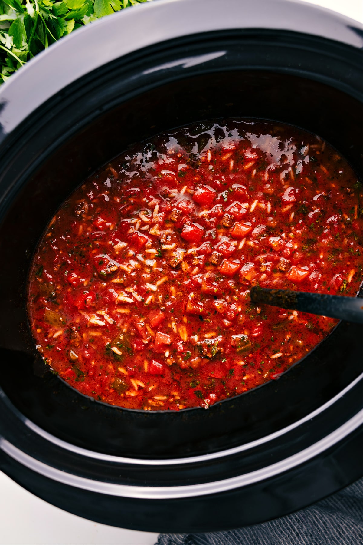 Crockpot Stuffed Pepper Soup In The Slow Cookier Crockpot Stuffed Pepper Soup still in the slow cooker ready to be enjoyed.