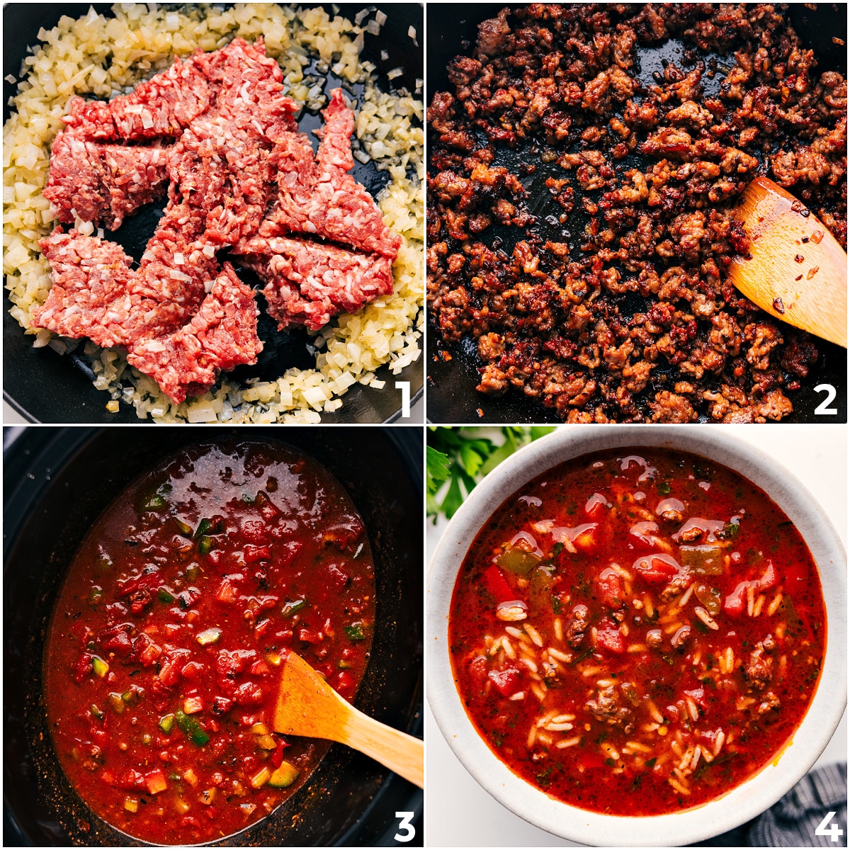 How To Make Crockpot Stuffed Pepper Soup Sausage being browned through along with the onions, and then that and all the rest of the ingredients added to the slow cooker for this crockpot stuffed pepper soup.