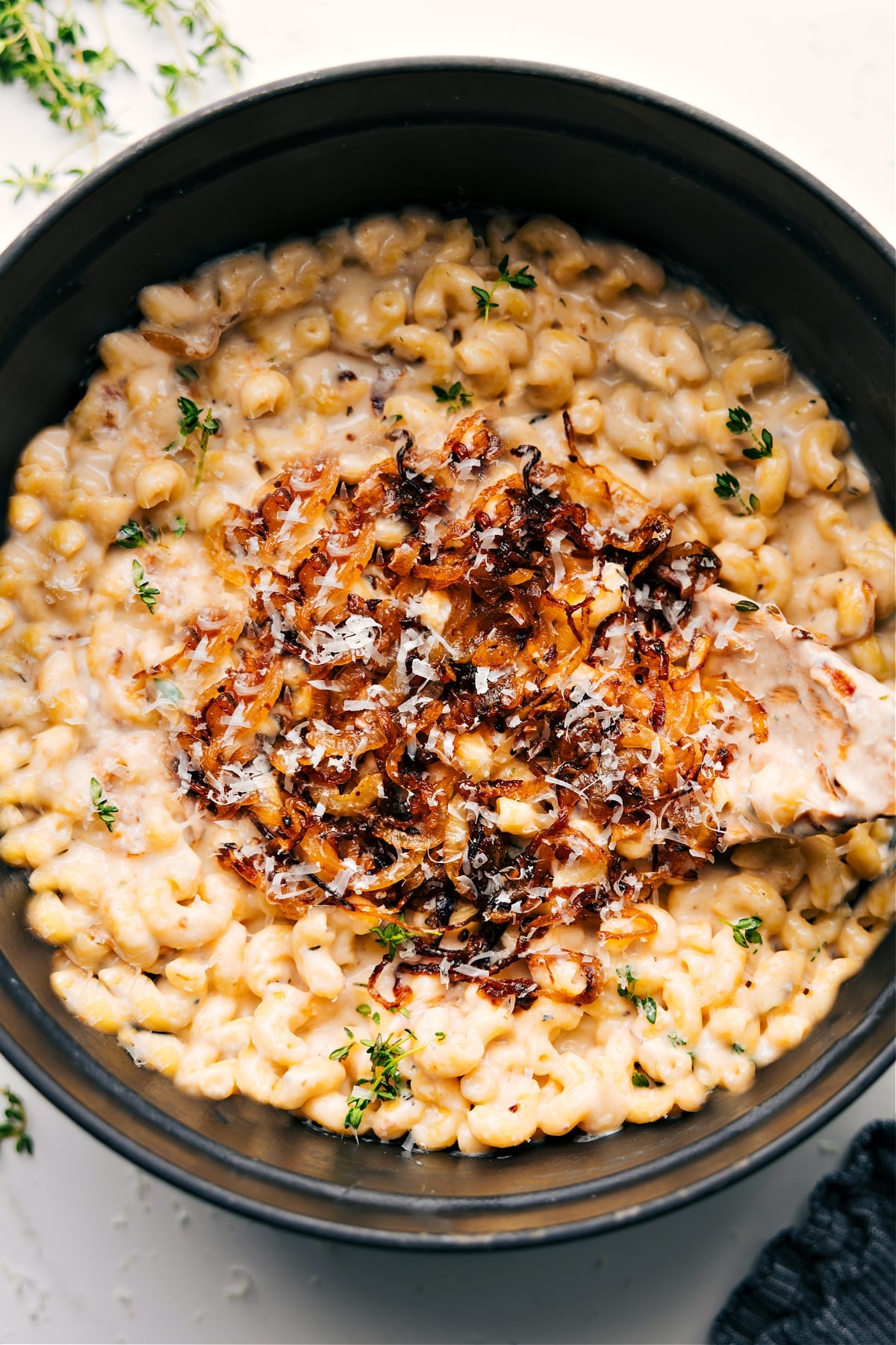 The Ultimate Comfort Food: French Onion Mac And Cheese French Onion Mac And Cheese in the pot ready to be enjoyed.