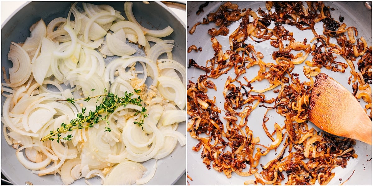 How To Caramelize The Onions For This French Onion Mac And Cheese Skillet of onions cooked low and slow until deeply caramelized for French onion mac and cheese.