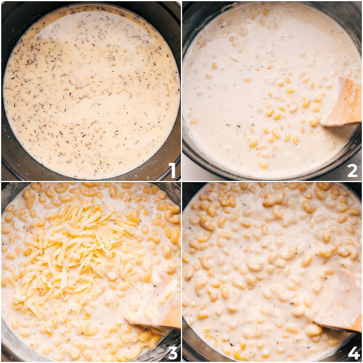 How To Make French Onion Mac And Cheese Pasta and cream sauce simmering together in a pot before cheese is added.