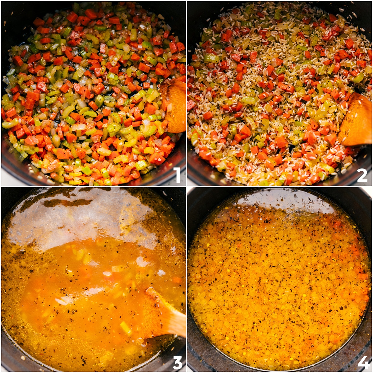 How To Make Greek Lemon Soup Veggies sautรฉing in a pot, then rice and broth added, cooking with the other ingredients for Greek lemon soup.