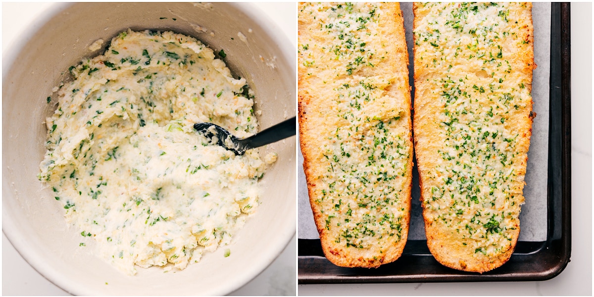 How To Make Garlic Bread Recipe All the ingredients for this Garlic Bread Recipe mixed in a bowl, ready to be spread over French bread before baking.