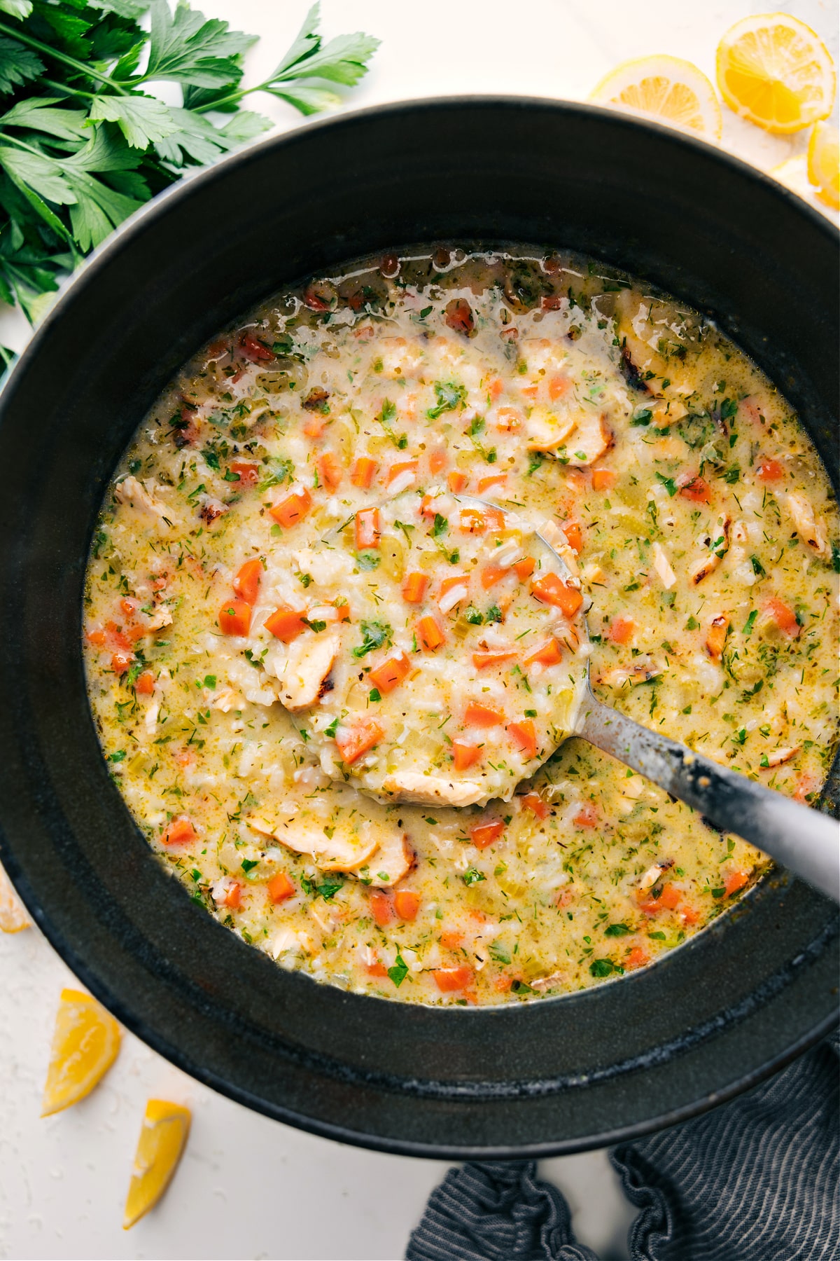 Greek Lemon Soup in the pot ready to be served and enjoyed.