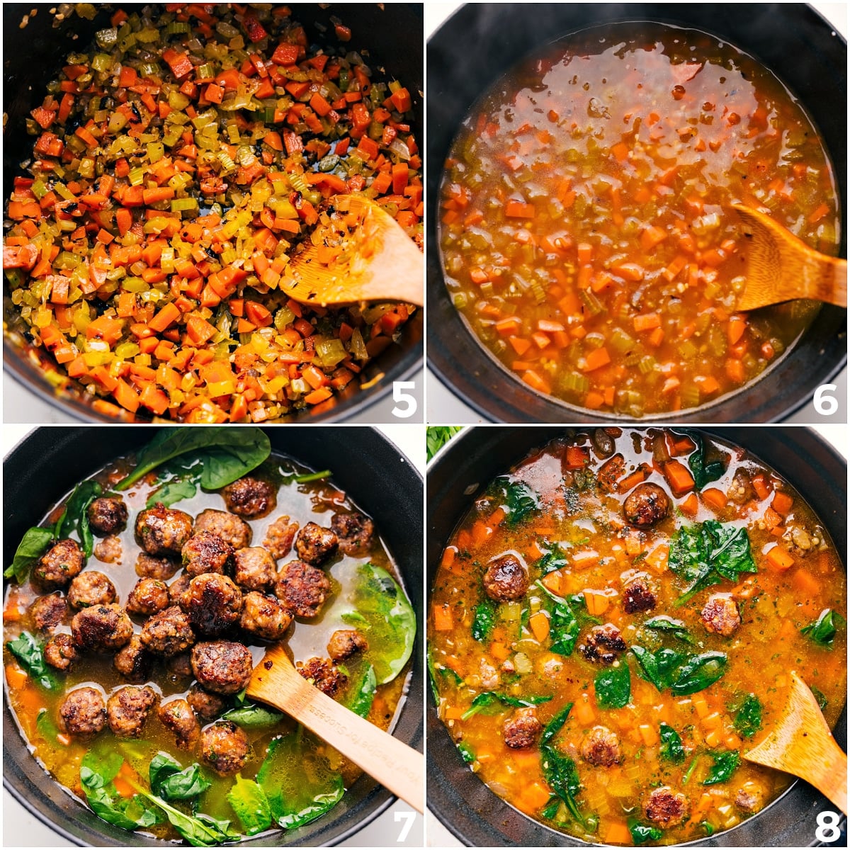 Flavor Packed Italian Wedding Soup Recipe Vegetables sautéing in a pot, then simmered with broth before adding cooked meatballs and spinach for this Italian Wedding Soup Recipe.